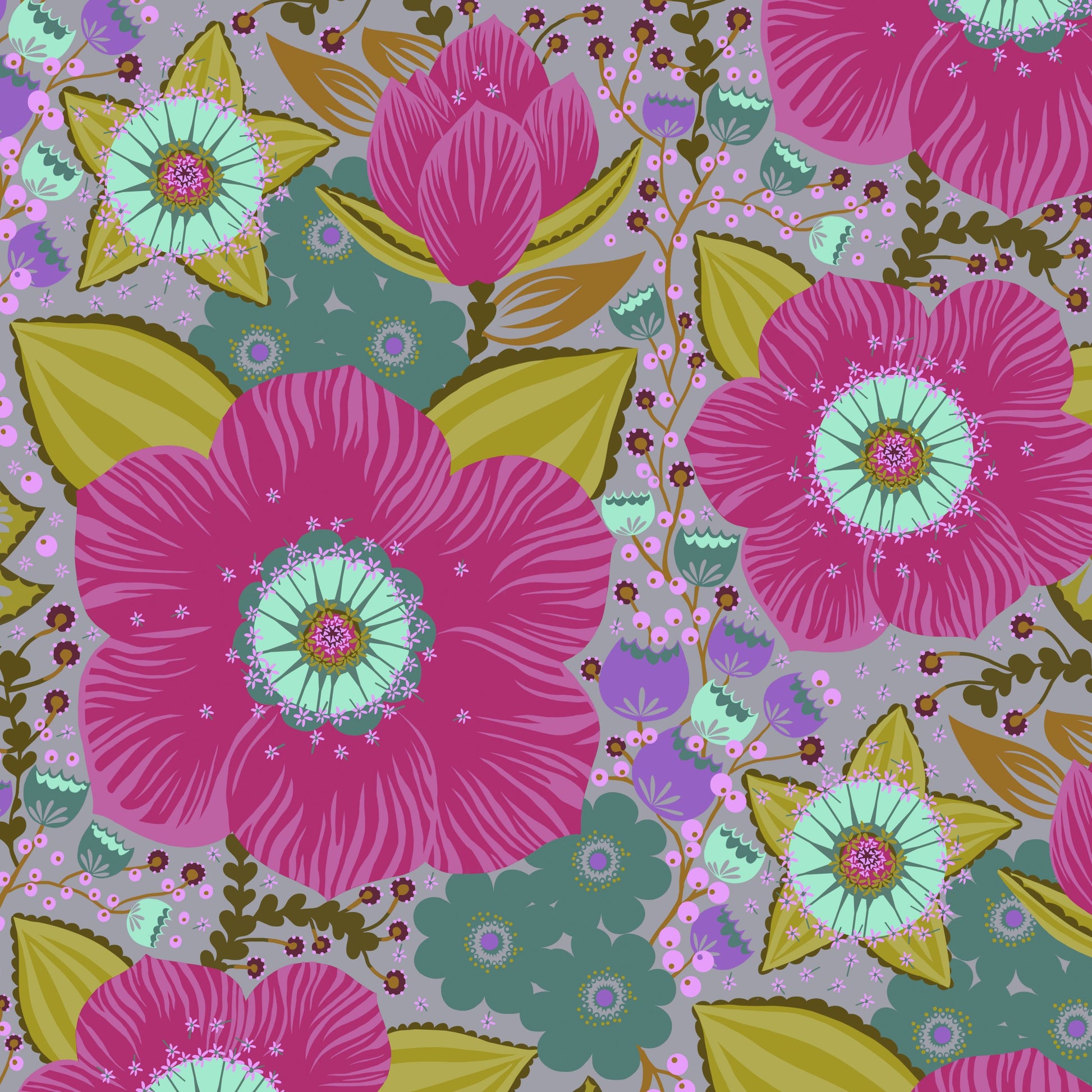 a bright floral design with large and small flowers on grey background